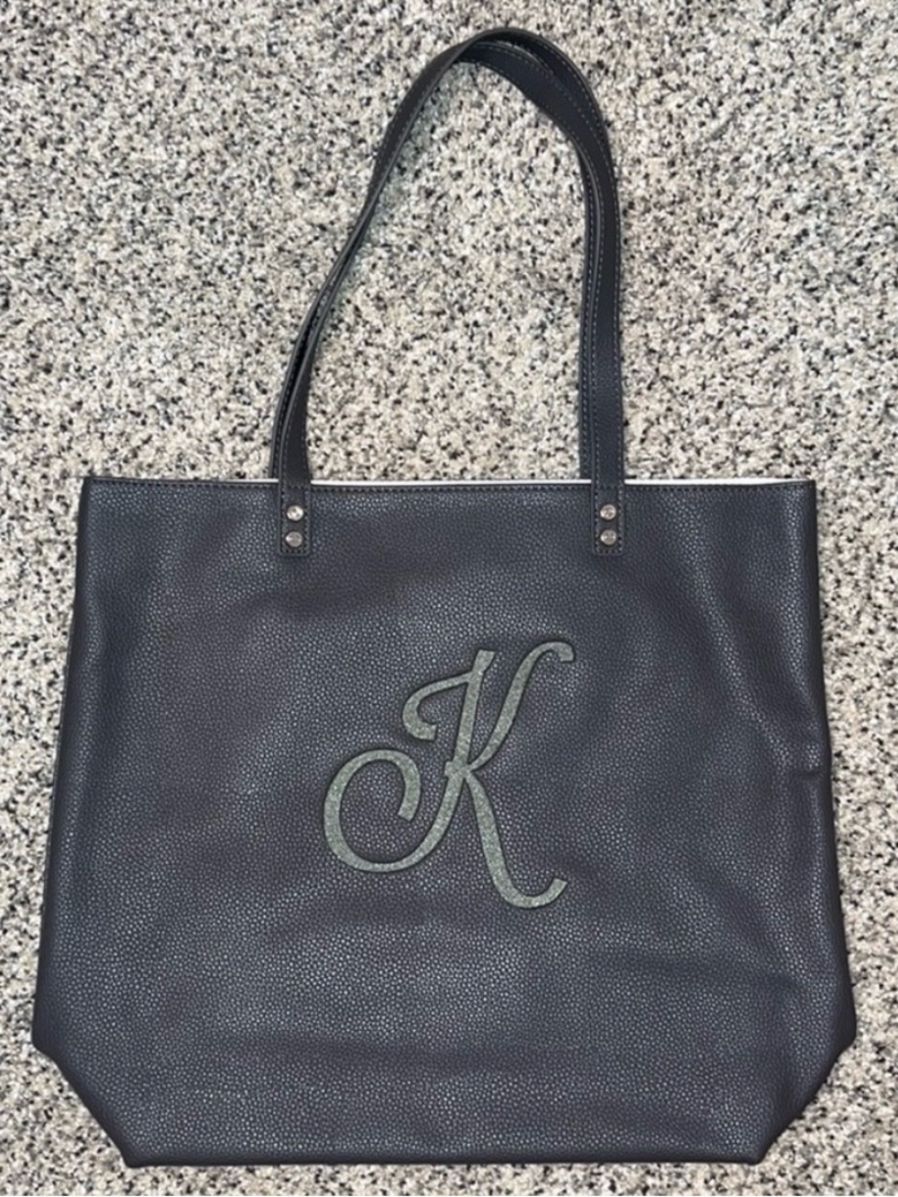 Thirty One Dark Gray Around town Leather Tote with “K” Monogram